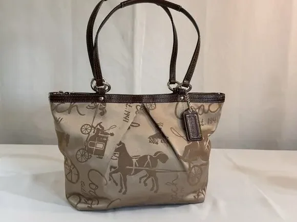 Coach Signature Khaki Satin Horse & Carriage Tote (2010) Br Leather A1049-F14482