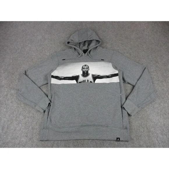 Chicago Bulls Hoodie Sweatshirt Mens Large Gray White NBA Nike Michael Jordan