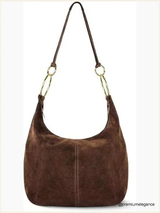 Italian Suede Hobo Bag with Zippered Closure Ring Hardware Large Shoulder