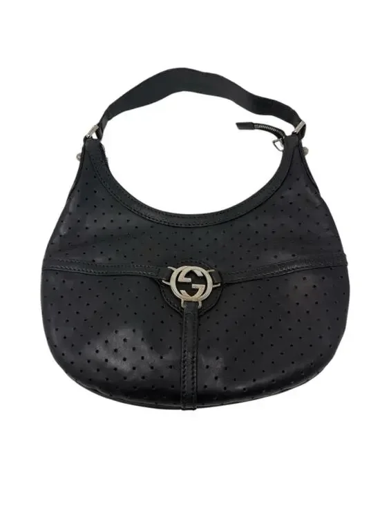 Gucci Reins Vintage Interlocking GG Perforated Leather Black Hobo Bag Purse