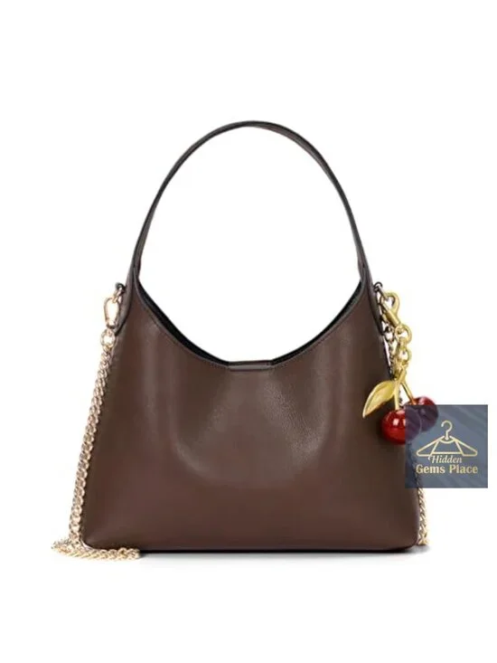 Faux Leather Small Hobo Bag Purse with Chain Strap Cherry Pendant Crossbody