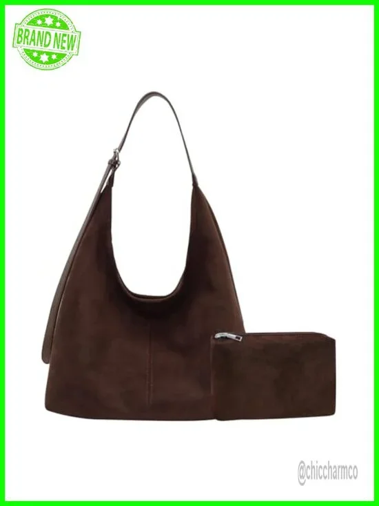 Faux Suede Hobo Tote Bag with Small Purse Set - Large Capacity Shoulder
