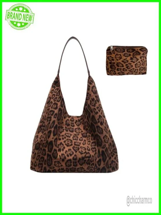Faux Suede Leopard Print Hobo Tote Bag Large Capacity Satchel