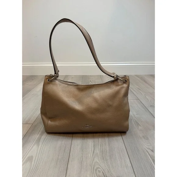 Coach Mia Hobo Metallic Champagne Gold Pebbled Leather Shoulder Bag F29137