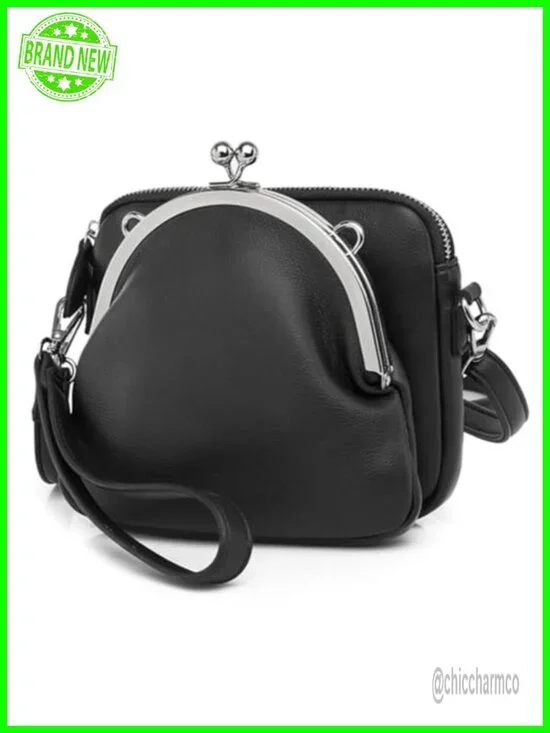 PU Leather Kiss Lock Crossbody Bag Slouchy Hobo Wallet Handbag Tote