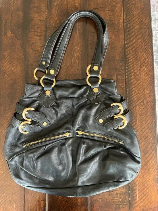 B. Makowsky Black Pebbled Leather Slouchy Hobo Shoulder Bag Y2K Gold Buckle