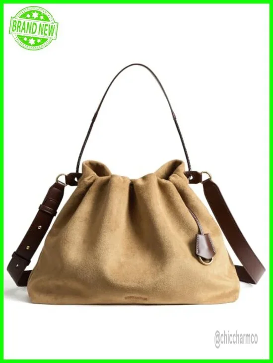 Slouchy Hobo Bag with Drawstring Closure and Dual Straps Soft Faux Suede