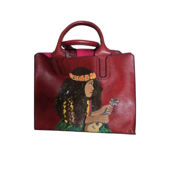 Handmade Leather Handbag‎ Hand-Painted Hawaiian Purse 12×10×5 Red Artsy Boho NEW