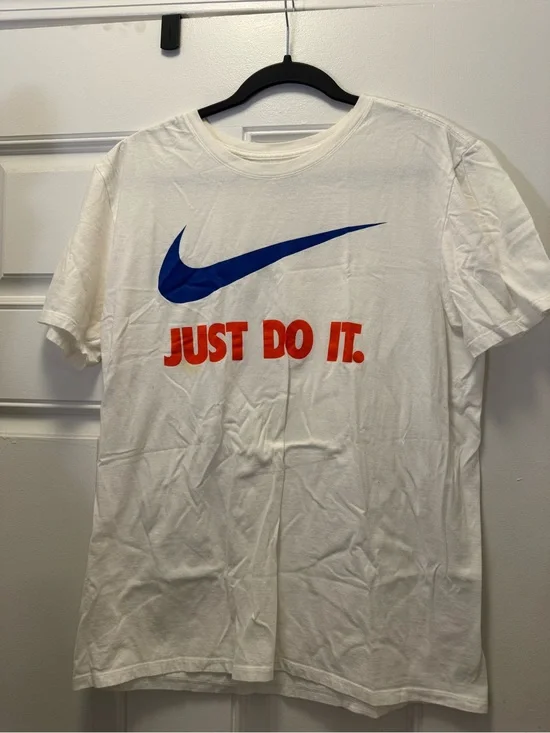 Nike White Short Sleeve T‑Shirt with Blue Swoosh and Red 'Just Do It.' 0286