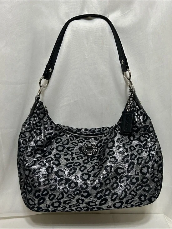 Coach Metallic Ocelot Leopard Hobo In Black/Silver