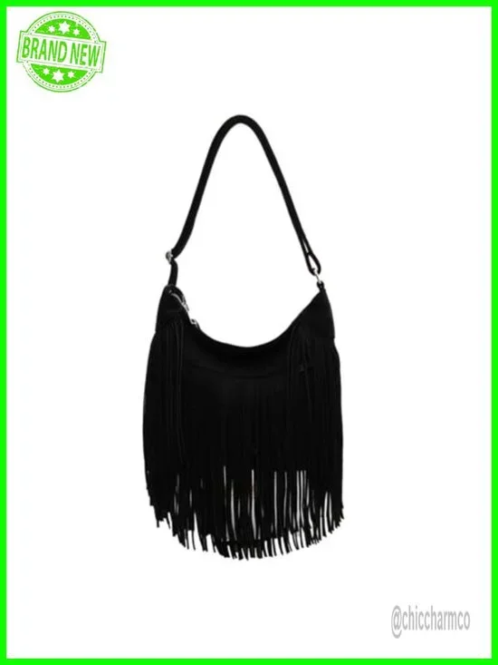 Vintage Suede Fringe Hobo Bag Tote Shoulder Crossbody Purse