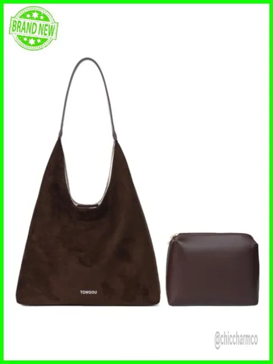 Faux Suede Hobo Shoulder Bag with Magnetic Closure, Tote