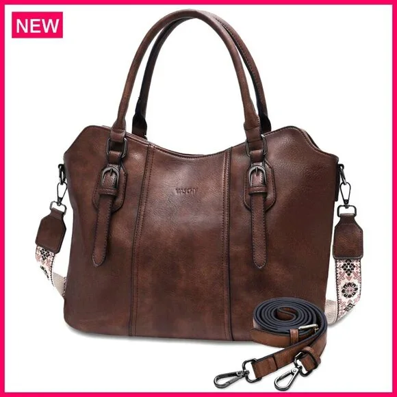 Vegan Leather Hobo Satchel with Crossbody Strap, Top Handle Purse