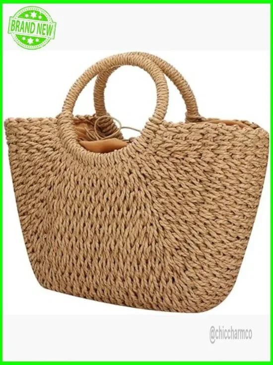 Large Straw Hobo Tote Handbag with Drawstring Closure for Travel Beach