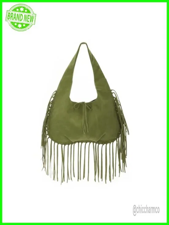 Vintage Fringe Hobo Bag Faux Suede Leather Tassel Shoulder Purse