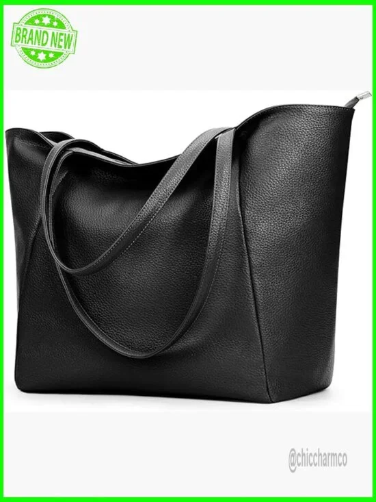 Large Vegan Leather Tote Bag Zipper Closure Work Travel Hobo Purse