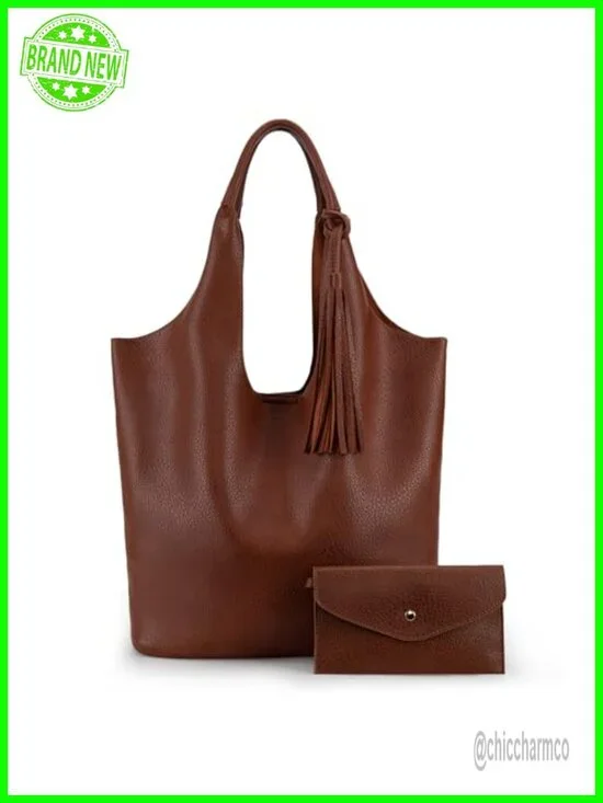 Slouchy Hobo Shoulder Bag with Tassel Vegan Leather Large Handbag