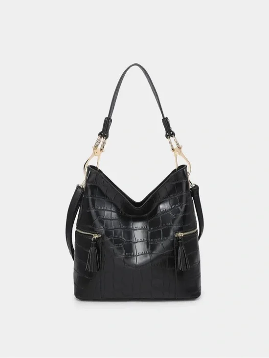 Jen & Co. Black Croc-Embossed Hobo Bag with Tassels