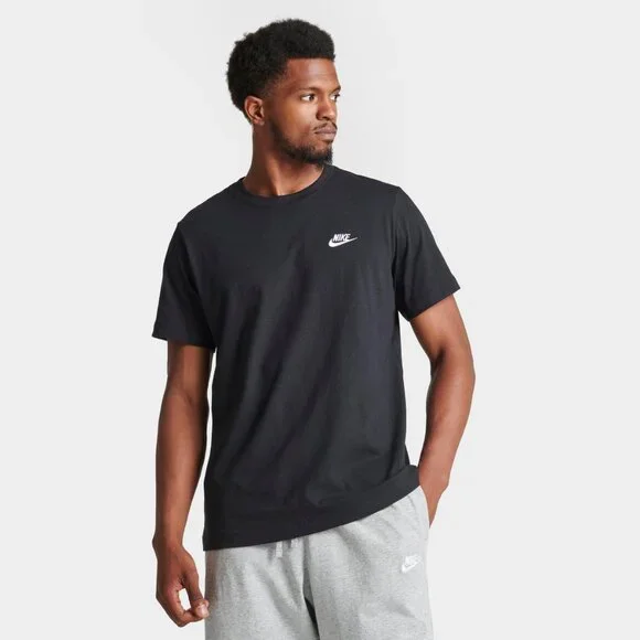 Nike Black Short Sleeve w Iconic Embroidered Swoosh Sportswear Club Tee sz M EUC