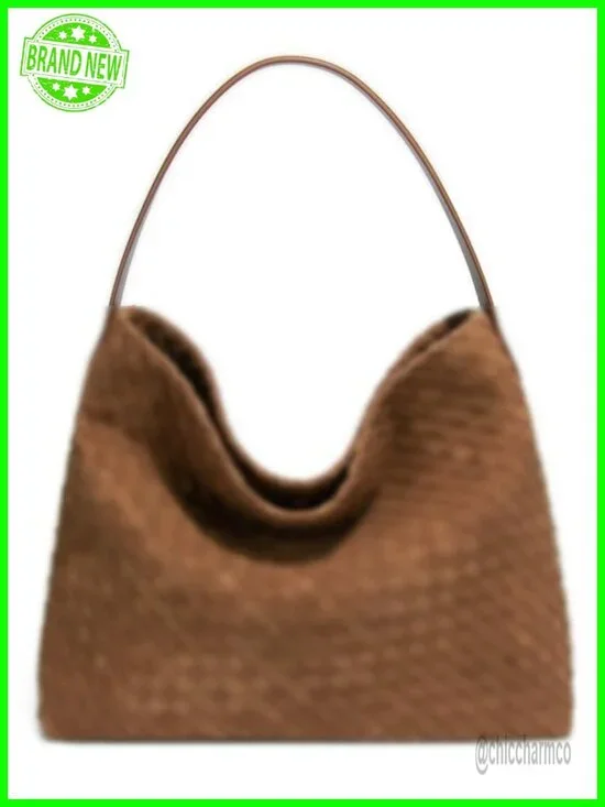 Woven Faux Suede Hobo Bag Tote Shoulder Satchel