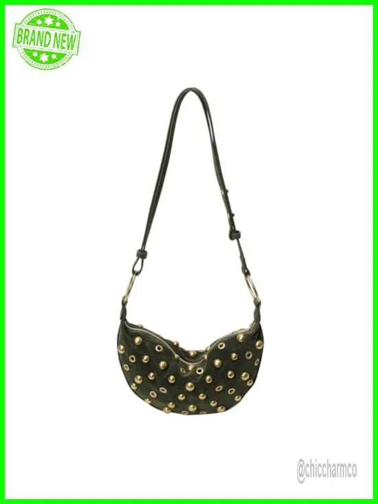 Studded Faux Suede Hobo Crescent Crossbody Bag Shoulder Purse