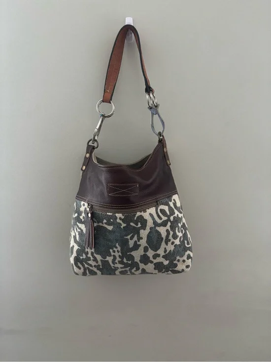 Myra Brown Leather & Ivory Patterned Hobo Canvas Crossbody Shoulder Bag