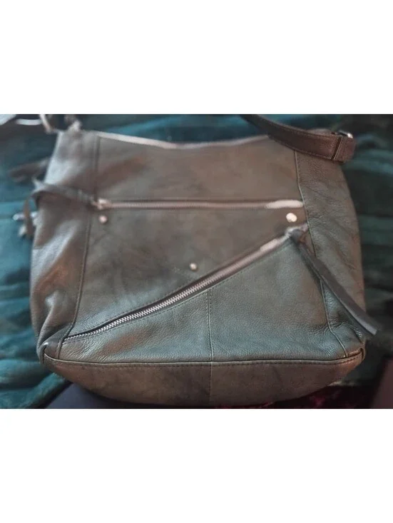 Great American Leather Works Multi-Zip  Hobo Crossbody Bag – Olive / Slate Grey
