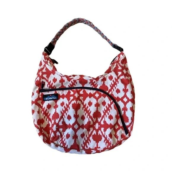 KAVU‎  Hobo Shoulder Bag Purse Handbag Red & White Braided Shoulder Strap