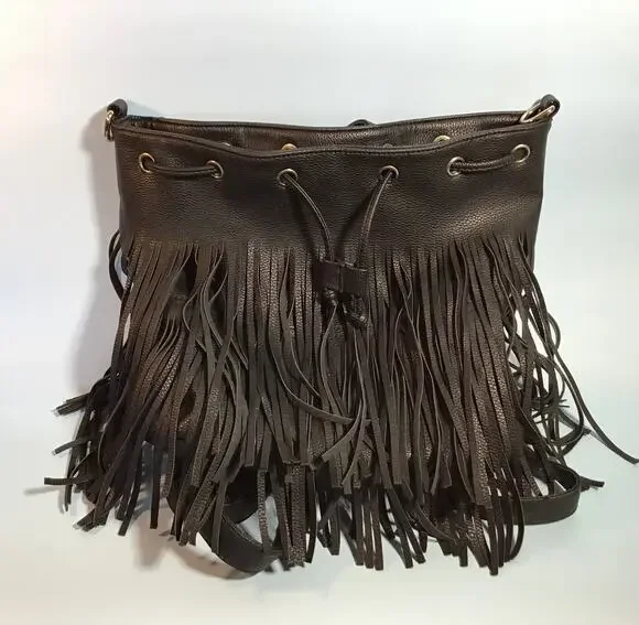Bam Forever Black Pebbled Leather Fringe Backpack Handbag