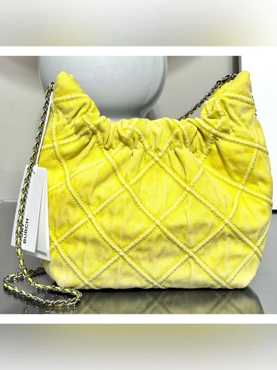 TORY BURCH MINI FLEMING SOFT QUILTED DENIM HOBO BAG, YELLOW