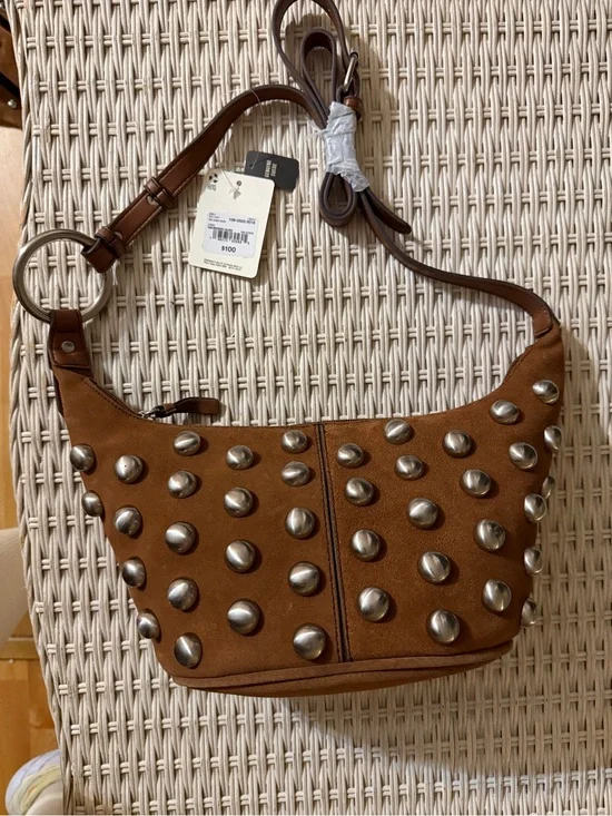 NWT a.n.a Genuine Suede Studded Hobo Shoulder Bag | Tan |