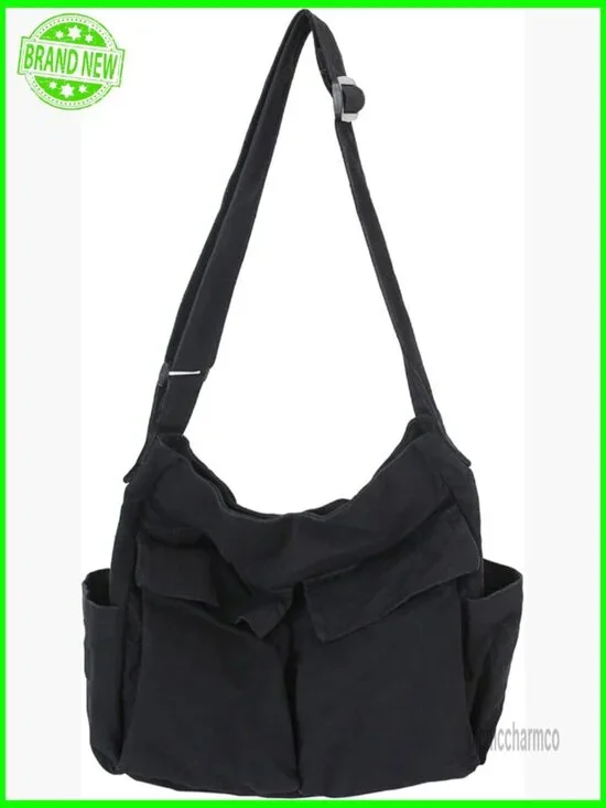 Large Canvas Messenger Tote Bag with Multiple Pockets Adjustable Strap