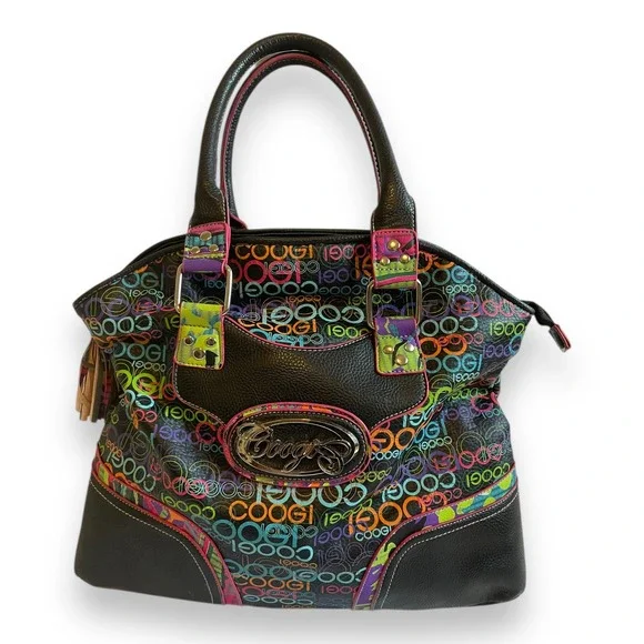 COOGI Black Multi Color Logo Print Hobo Bag Y2K Tassel Satchel Purse
