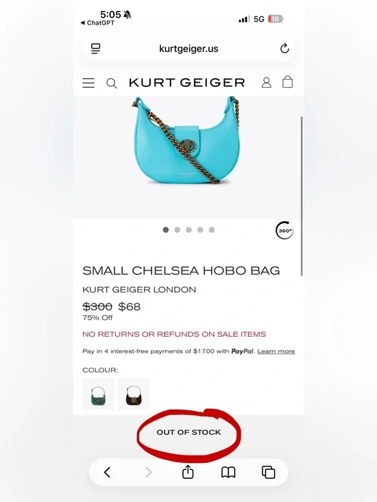 Kurt Geiger Small Chelsea Hobo Bag - Turquoise with Gold Chain
