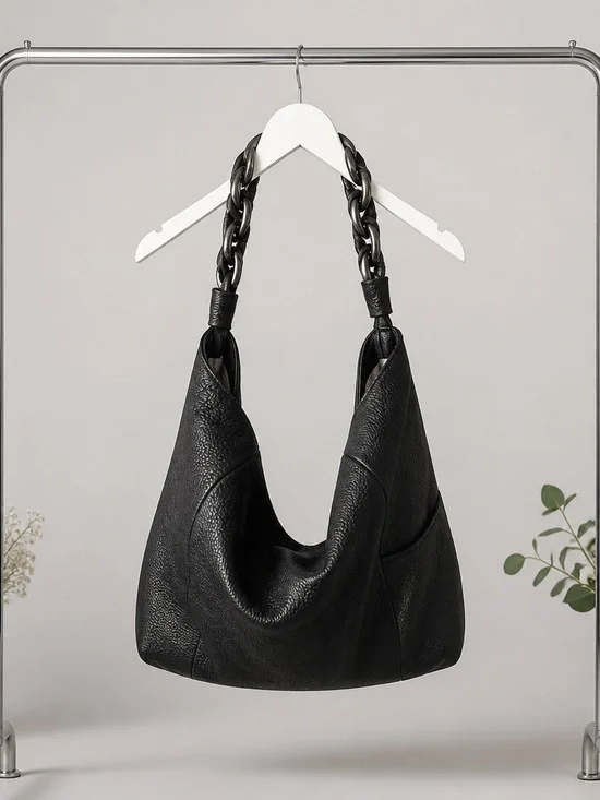Vince Camuto 100% Leather Kimi Black Pebbled Hobo Bag Braided Chain Handle
