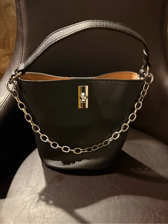Black Leather Bucket Bag with Chain Handle