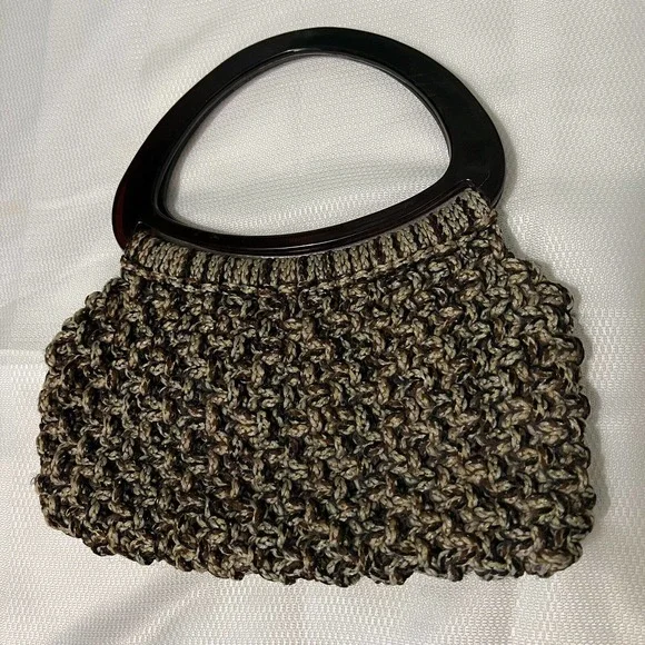 Vintage 60’s-70’s BOHO Brown Beige Macrame Handbag Purse Lucite Top Handles