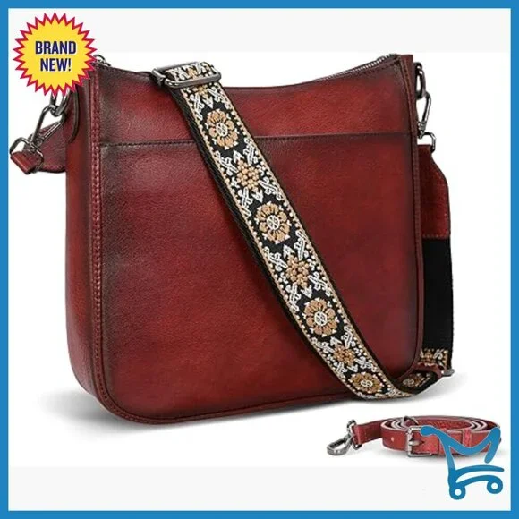 Genuine Leather Crossbody Bag with Guitar Strap, Multi-Pocket Hobo Purse