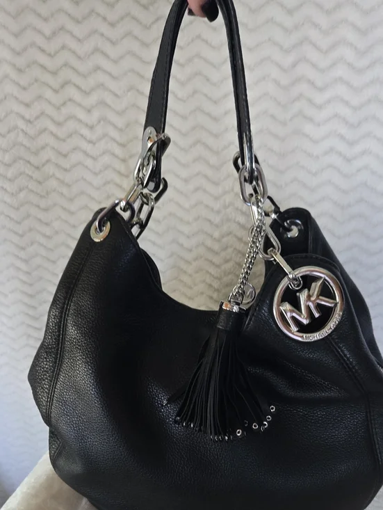 Michael Kors Black Pebbled Leather Hobo with Tassel and Logo Charm