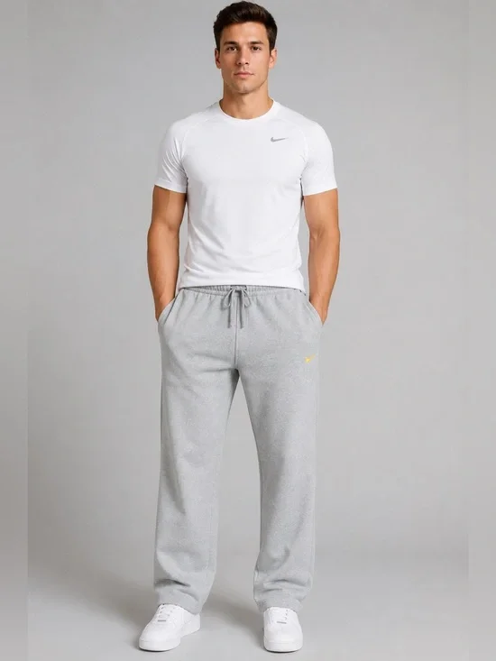 Nike Club Fleece Gray Sweatpants Large Yellow Swoosh Open Leg