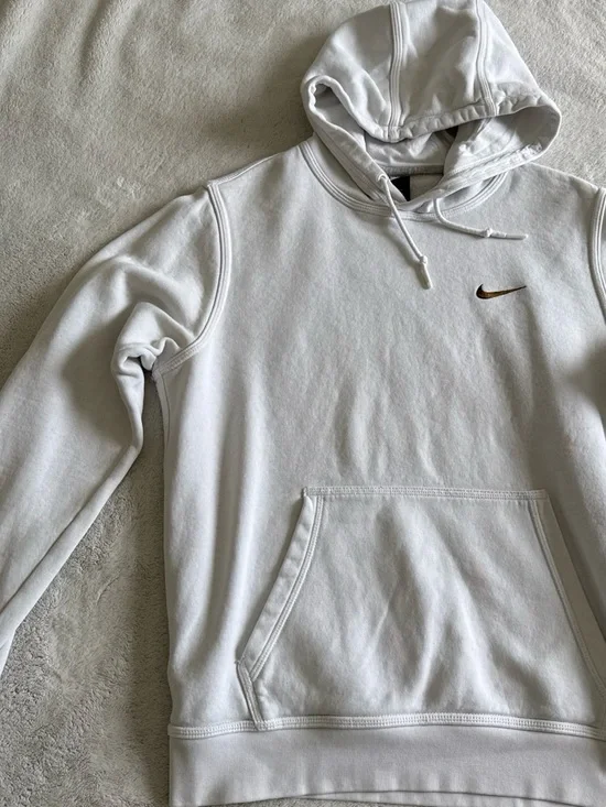 Nike White Crewneck Hoodie with Small Brown Swoosh