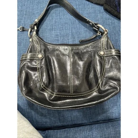 FOSSIL Medium Black Leather Hobo Handbag Shoulder Bag Purse 75082