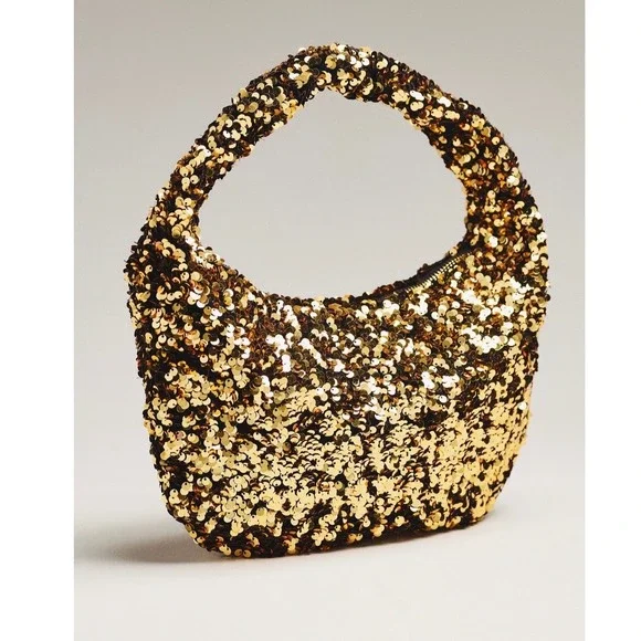 Anthropologie Paillette Mini Crescent Bag Gold Sequin Hobo Party Sparkle NWT