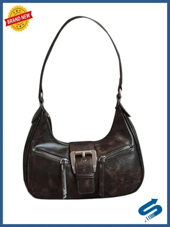 Faux Leather Hobo Shoulder Bag with Buckle and Zipper Vintage Clutch