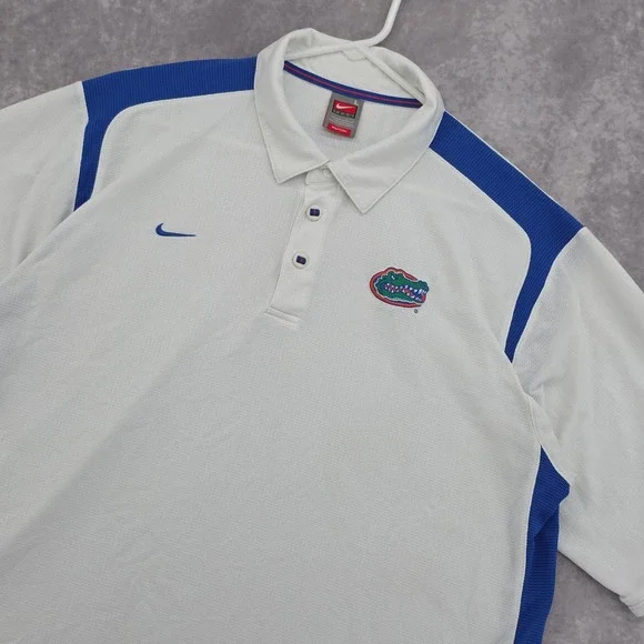 Vintage Florida Gators Nike Team Polo Shirt Mens L White Blue FIT DRY Athletic