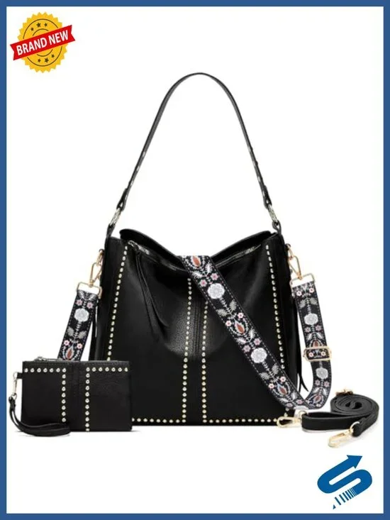 Large Studded Hobo Tote Bag Set with Wallet and 2 Straps