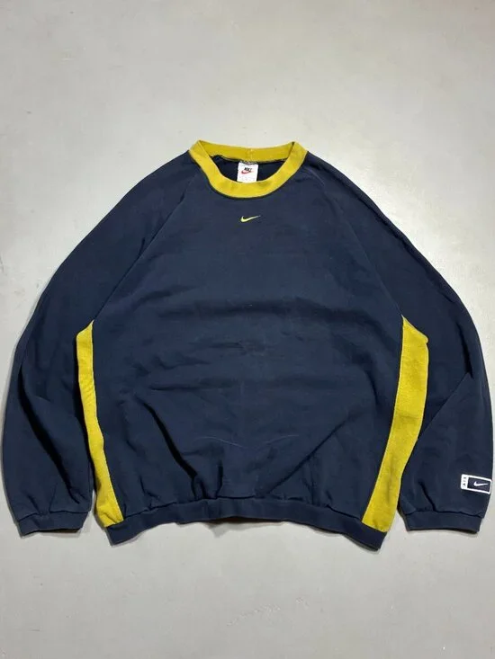 Nike Vintage 90s Colorblock Crewneck Sweatshirt, Navy/Chartreuse, Made in USA