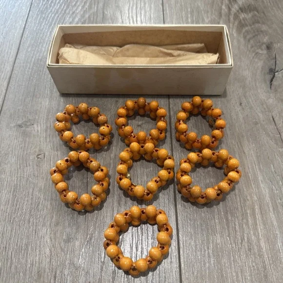 7 Vintage Daruma Napkin Rings Wooden Beads Orange 2