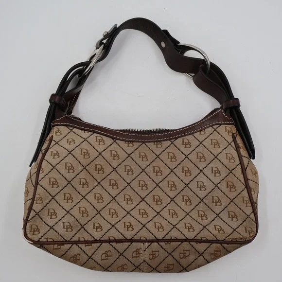 Dooney & Bourke Monogram Hobo Bag Womens Small Tan Brown Canvas Leather Vintage