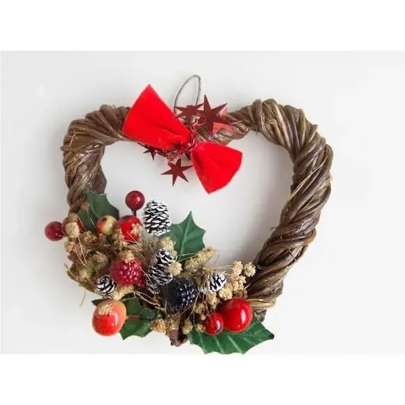 Rustic Christmas Twig Wreath Ornament, Small Holiday Wall Decor with Red Bow